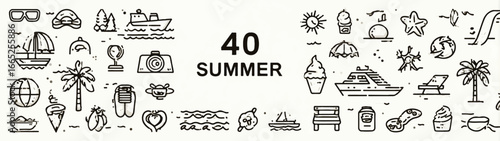 Summer vacation forty summer icons illustration with sun ice cream palm trees boat sunglasses and beach umbrella perfect for seasonal designs