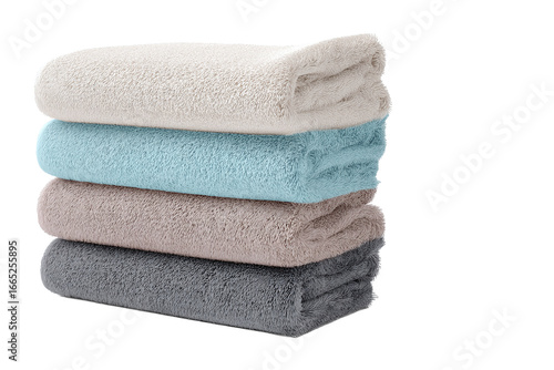 Stack of soft, fluffy bath towels in various colors, isolated on white transparent background