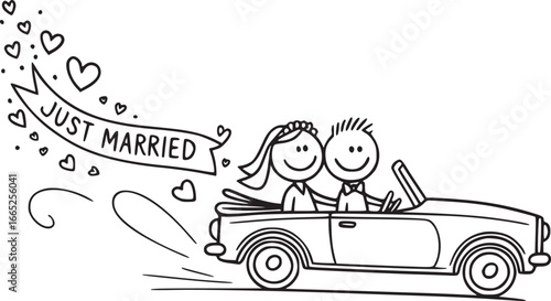 Newlywed Bliss: A whimsical sketch depicts a joyous couple embarking on their married life, riding in a vintage car adorned with a Just Married banner, symbolizing love and new beginnings. 