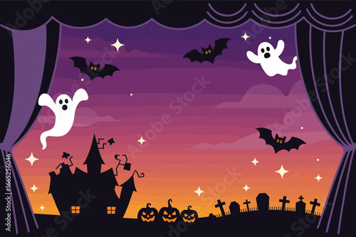 Spooky Halloween Night Haunted House, Ghosts, Bats, Pumpkins and Gravestones under a Starry, Purple Sky, Curtains framing