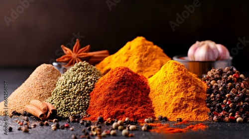 Vibrant Aromatic Spices Collection, Turmeric, Paprika, Peppercorns and More