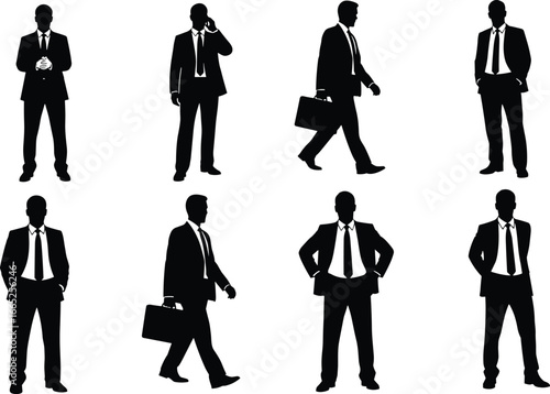 Businessman silhouette vector illustration, professional office worker standing, walking, talking, holding briefcase, corporate employee in suit, business people poses