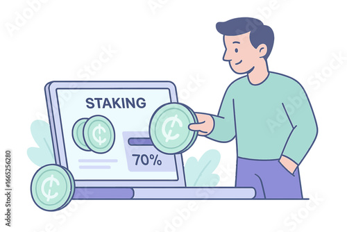 Cryptocurrency staking concept: man engaging with digital coins on laptop