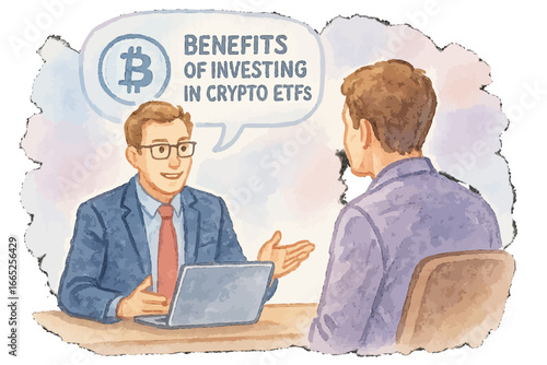 Discussion on cryptocurrency etf investments in watercolor style