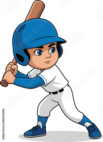 Cartoon boy playing baseball, child batter ready to hit ball, sports illustration, youth athlete, team game, kid wearing helmet, action pose