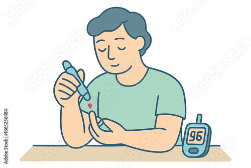 Person checking blood sugar level with glucometer in minimalistic style
