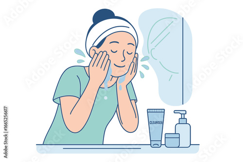 Woman washing face in bathroom with skincare products in modern outline style