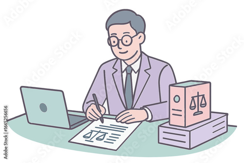 Businessman working late in office with documents and laptop in soft pastel style