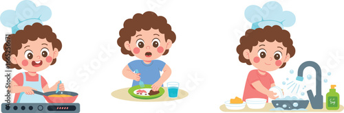 Cartoon child cooking, eating meal, washing dishes, cute kid chef, kitchen activities, healthy lifestyle, home chores, learning skills, happy little helper