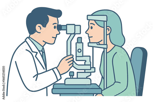 Eye examination concept: optometrist with patient using eye test machine