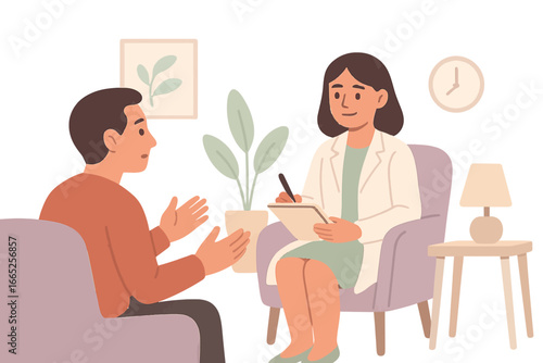 Therapist and client in therapy session with warm lighting and soft glow
