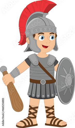 Cartoon Roman soldier, ancient gladiator warrior, centurion character with shield and club, historic fighter illustration, vector roman warrior design, battle armor