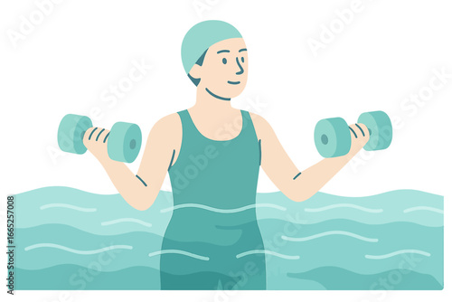 Aquatic exercise concept art: woman lifting dumbbells in water