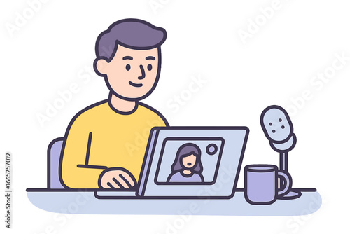 Cartoon style podcasting setup with host at desk and microphone