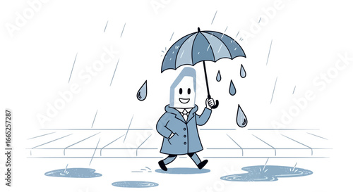 Illustration of an eraser character walking in the rain with an umbrella cheerfully
