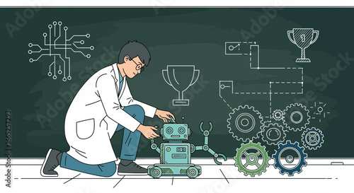 Illustration of an engineer assembling a robot in a laboratory setting with chalkboard drawings