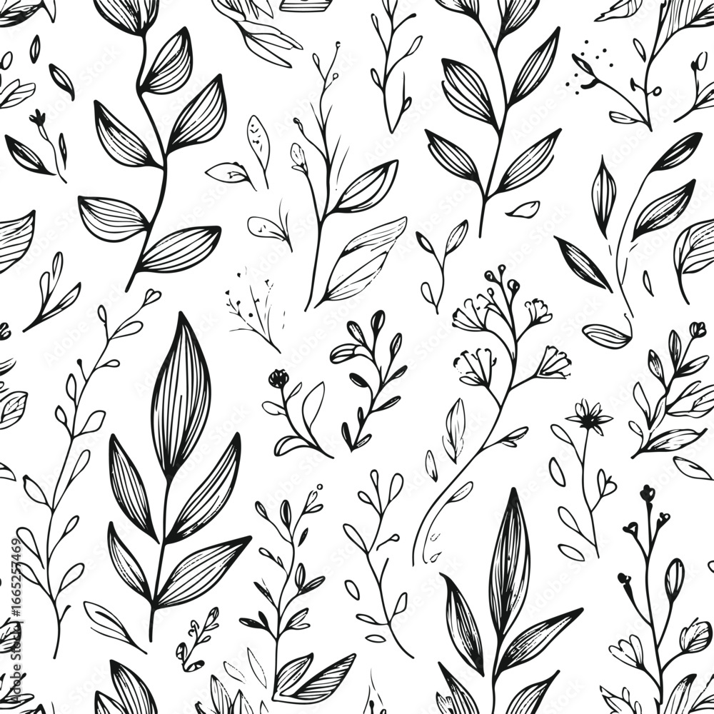 Fototapeta premium Abstract Leaf Doodle Seamless Pattern, thick black botanical line art with natural organic shapes, minimalist hand-drawn vector background, eco-friendly design for skincare and herbal products