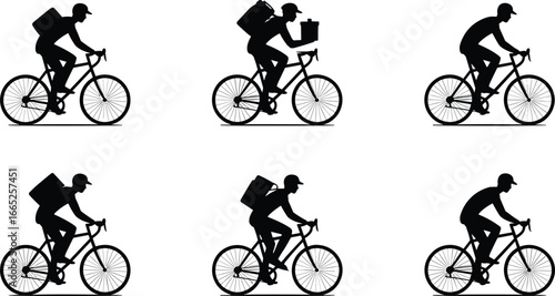 Bicycle delivery rider silhouettes, food courier on bike, urban delivery service concept, cycling transportation vector, black illustration for logistics