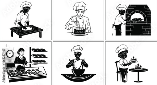 Black and white illustrations of bakers preparing dough, decorating cakes, baking bread, selling pastries, mixing batter, serving desserts
