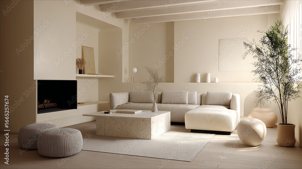 Fototapeta premium Minimalist Living Room with Fireplace | Neutral Interior with Sectional Couch | Modern Living Room with Coffee Table and Potted Tree