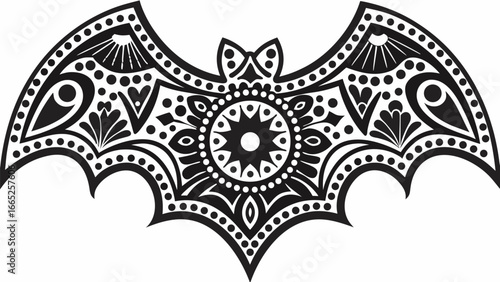Detailed ornamental bat design with floral and geometric elements in black and white illustration style |  editable eps vectors silhouette