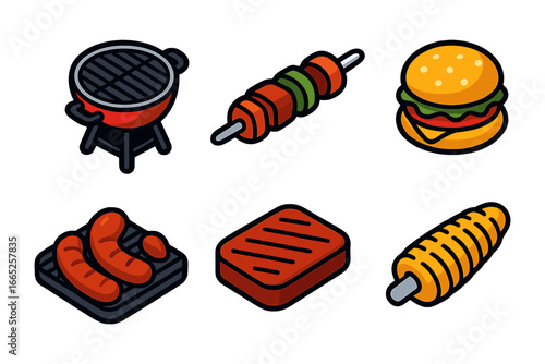 Bbq and grill icon set , barbecue, skewer, burger, sausage, steak