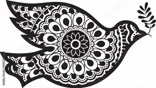 Detailed black and white dove with floral patterns holding olive branch in its beak illustration art |  editable eps vectors silhouette