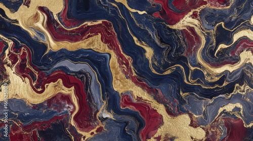 Abstract liquid marble texture with metallic gold, navy blue, and deep red swirls, adding an elegant and luxurious effect —ar 16:9 