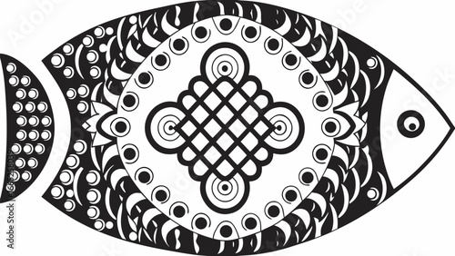 Stylized fish illustration with intricate patterns and geometric designs in black and white color scheme |  editable eps vectors silhouette