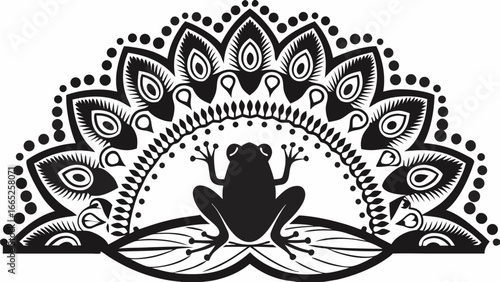 Stylized frog sitting on a lily pad with ornamental floral design in black and white illustration art |  editable eps vectors silhouette
