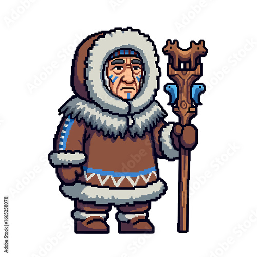 Pixel art illustration of an elderly Inuk man in traditional parka, holding a staff.