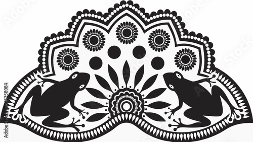 Black and white decorative design with frogs flowers and circular patterns in symmetrical arrangement |  editable eps vectors silhouette
