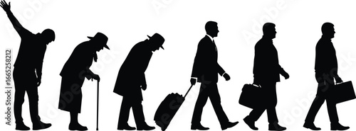 Silhouette Vector Showing Evolution of Man Through Aging, Career Progression, and Life Stages from Elderly to Professional on White Background