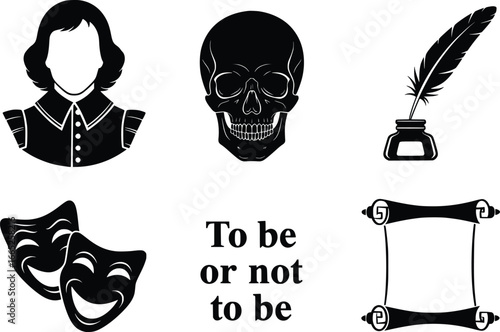 Classic shakespearean symbols set with hamlet's famous quote and theatrical masks