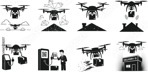 Drone delivery vector set, aerial logistics, smart shipping, parcel drop, charging stations, futuristic technology, black silhouette illustration for transport