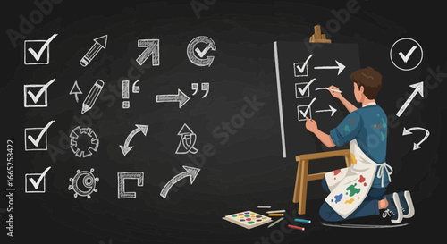 Illustrative Depiction of a Creative Artist with Chalk Drawings on a Blackboard