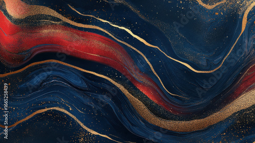 Abstract liquid marble texture with metallic gold, navy blue, and deep red swirls, adding an elegant and luxurious effect —ar 16:9 