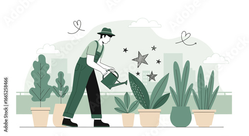 Illustrative depiction of a gardener watering plants on a rooftop garden cultivating a peaceful