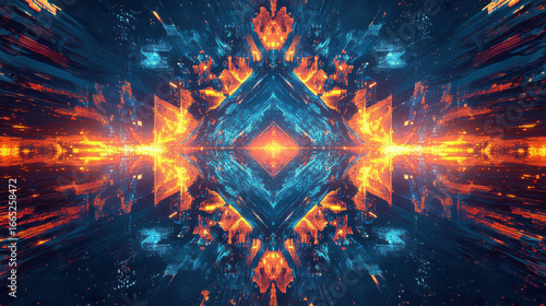 Abstract mirrored symmetry with intricate geometric fractals, glowing neon highlights, and futuristic motion effects —ar 16:9 