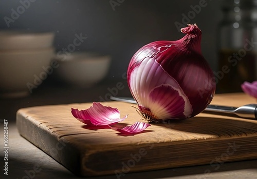 A red onion on a wooden board with some loose peels