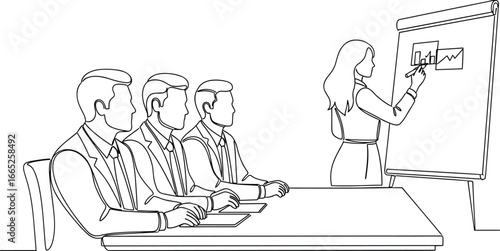Business meeting illustration, office teamwork presentation, manager explaining chart, corporate training, seminar discussion, strategy planning, team learning, professional communicatio