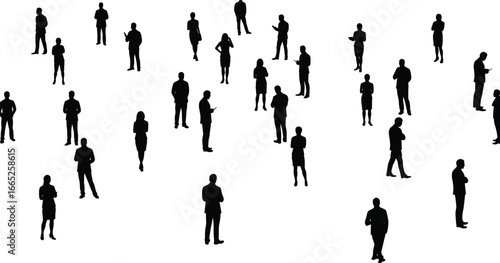 Business people silhouettes, corporate group, office workers standing, professional teamwork, social interaction, business crowd, modern communication, community gathering, networking concept