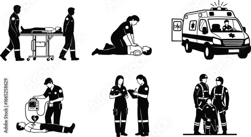 Emergency medical team silhouettes performing CPR, using defibrillator, transporting patients, ambulance rescue, first aid, paramedic teamwork, and urgent care scene.