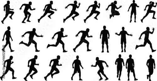 Silhouette Vector Set of Male Running, Walking, and Jumping Poses for Sports, Fitness, Motion Design, and Human Movement Illustration
