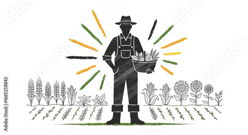 Illustrative graphic of a farmer with a harvest, showcasing agriculture and rural life