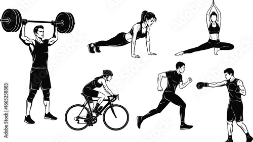 Fitness and Sports Silhouettes – Weightlifting, Push-ups, Yoga, Cycling, Running, Boxing – Active Lifestyle Vector Illustrations for Health and Exercise