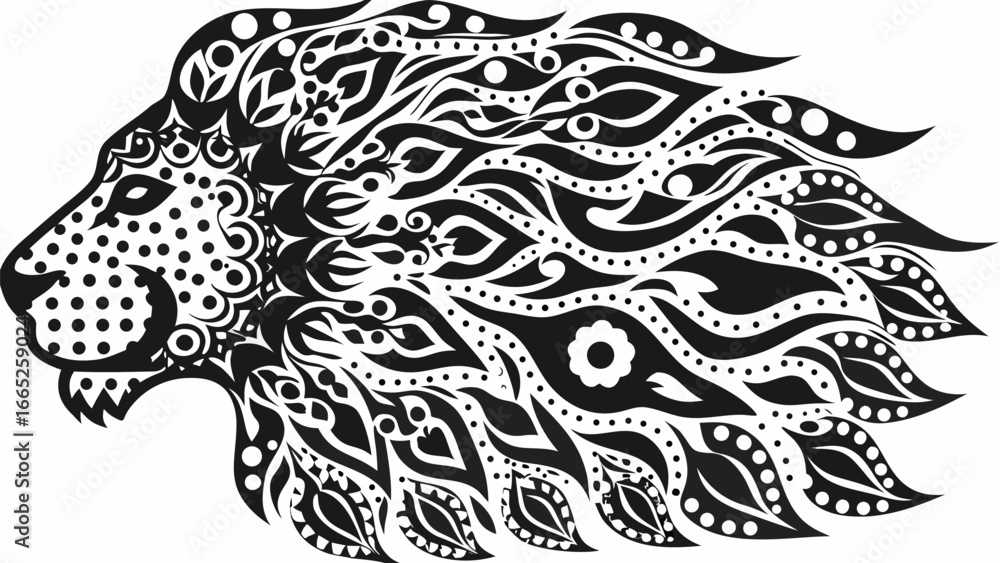Fototapeta premium Detailed black and white lion head with decorative patterns and floral elements in a tribal style design | editable eps vectors silhouette