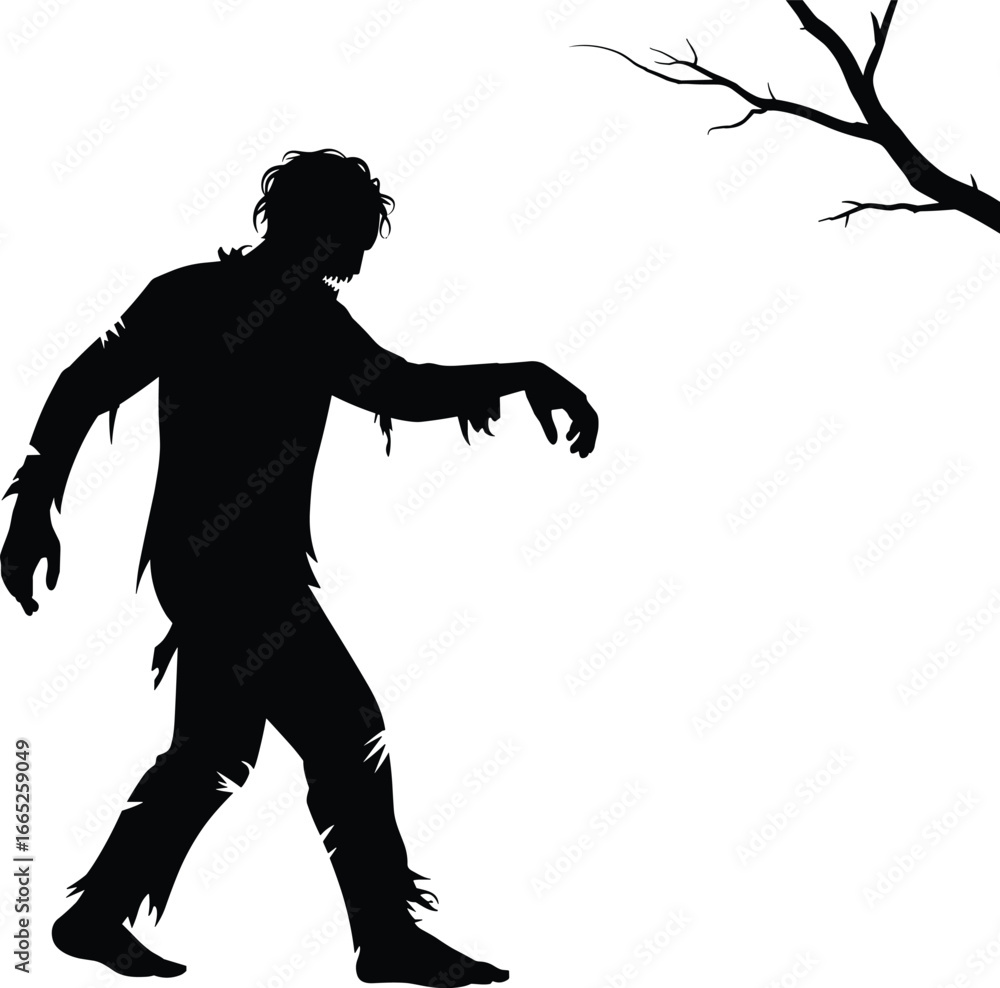 Fototapeta premium Creepy zombie silhouette walking under spooky tree branch, horror Halloween vector illustration, scary undead monster graphic design for dark themed artwork
