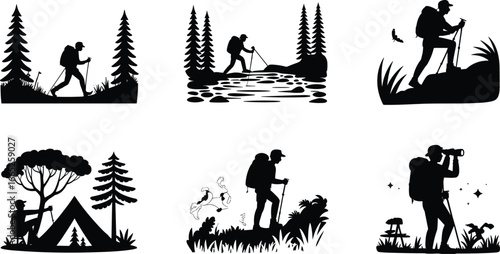 Hiking, trekking, and camping adventure silhouettes, backpacker outdoor nature scenes, mountain exploration, forest camping, wilderness travel and trekking.