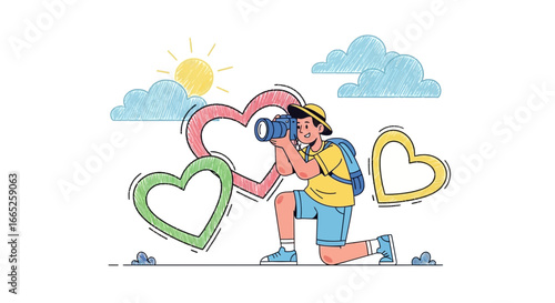 Illustrative scene of a photographer taking a picture surrounded by hearts and sun